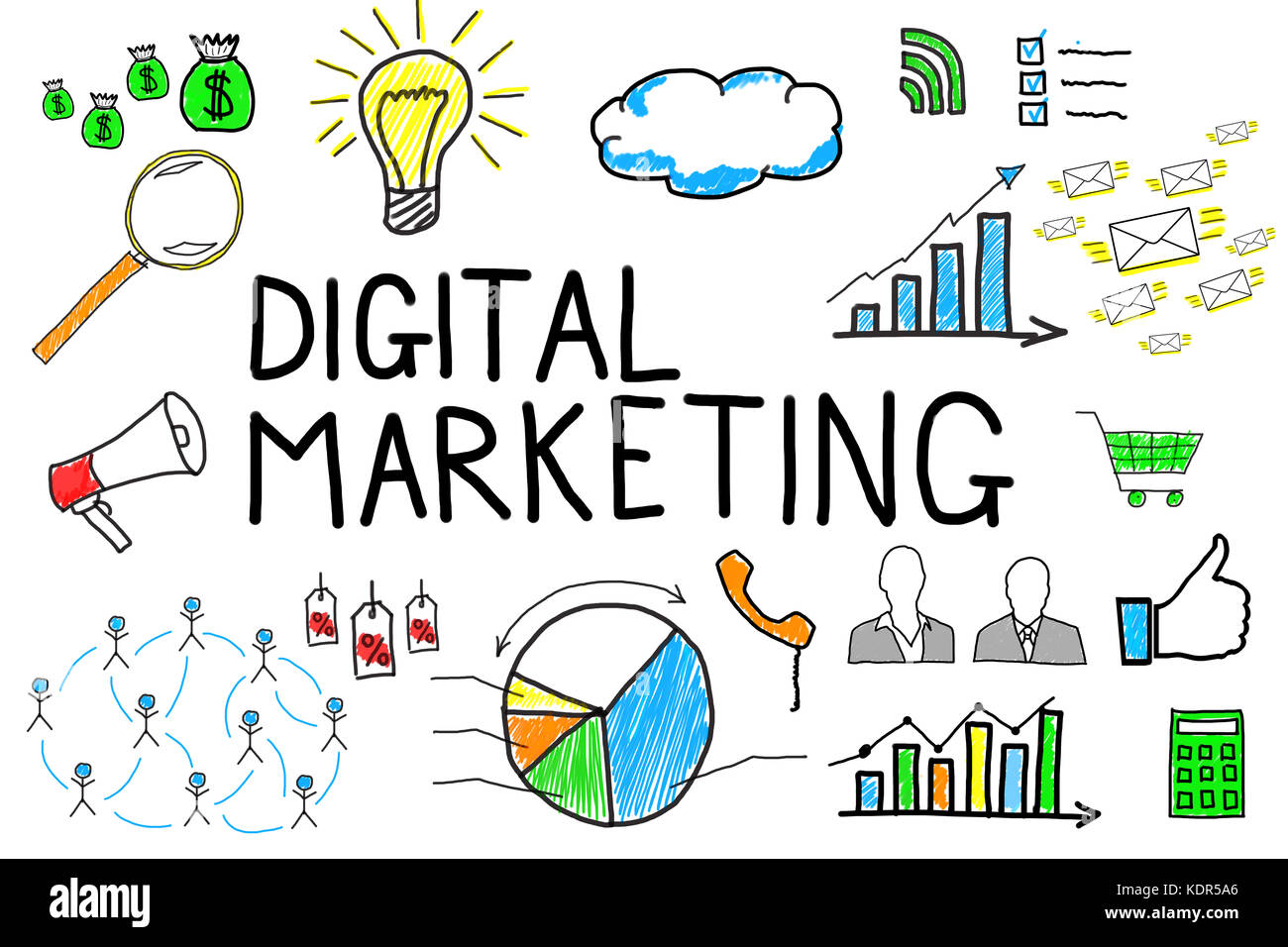 Anschauliche Darstellung des digitalen Marketings auf weißem Hintergrund Stockfoto