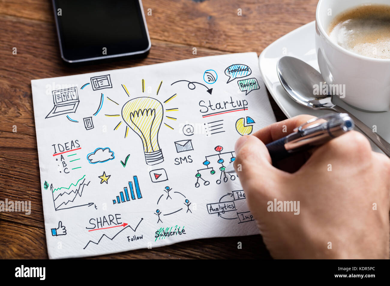 Hohe Betrachtungswinkel der Person Zeichnung Glühbirne Ideen Konzept auf weißem Papier an der hölzernen Schreibtisch Stockfoto