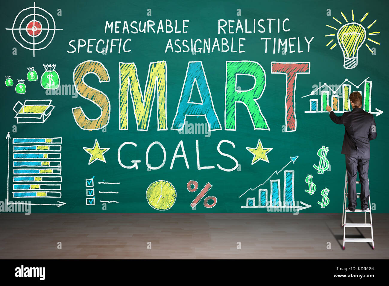Ansicht der Rückseite des Unternehmer stehen auf Treppe Zeichnung smart-Ziele Konzept auf der Tafel Stockfoto