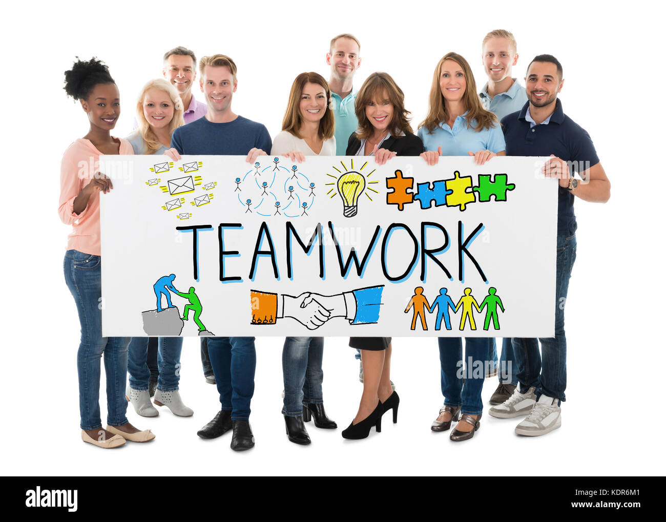 Gruppe von erfolgreichen Menschen holding Banner der Teamarbeit Konzept auf weißem Hintergrund Stockfoto