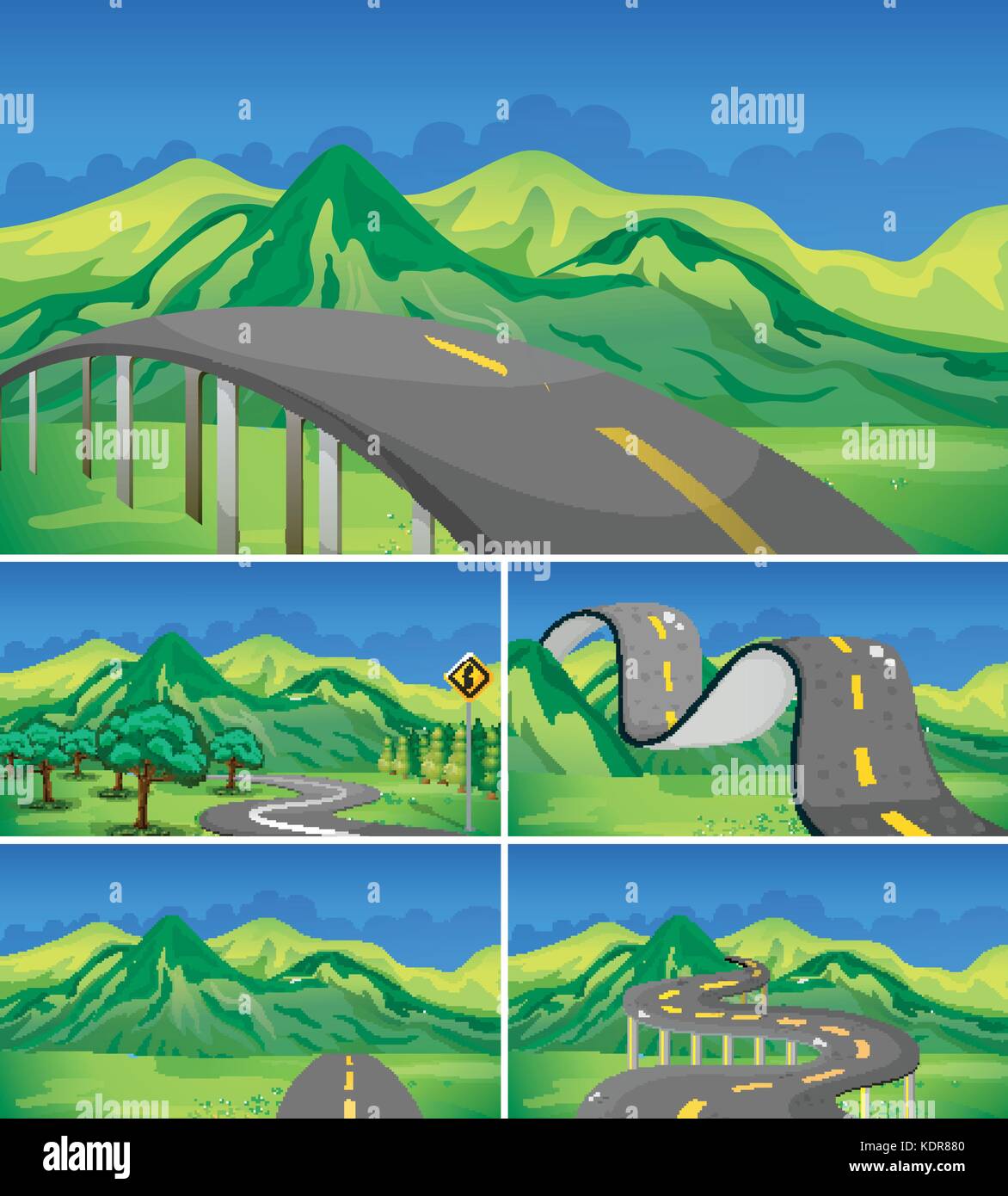 Fünf Szene von leeren Straßen in die Berge Abbildung Stock Vektor