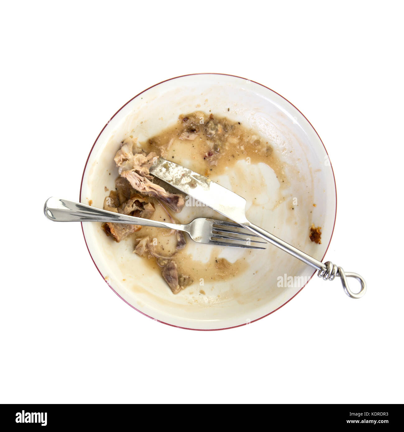 Einen leeren Teller, schmutzig nach dem Essen fertig ist. Ansicht von oben auf weißem Hintergrund Stockfoto