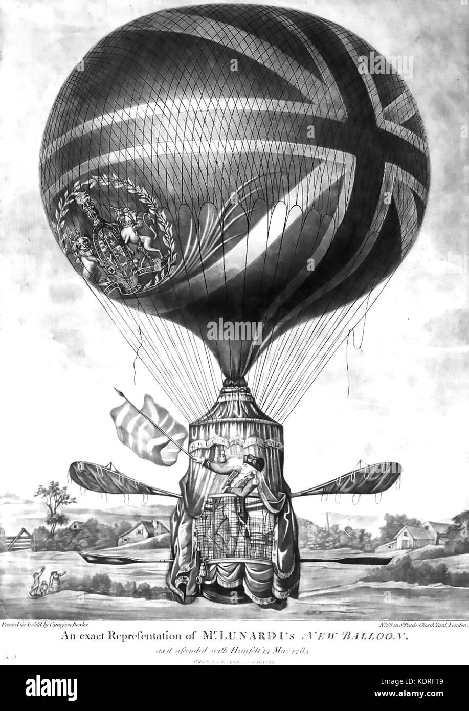 Vinczo Lunardi (1759-1806) italienischer Diplomat und Ballonfahrer. Gravur seines Solo-Aufstiegs in der Nähe von London am 13. Mai, im Wasserstoffballon Stockfoto