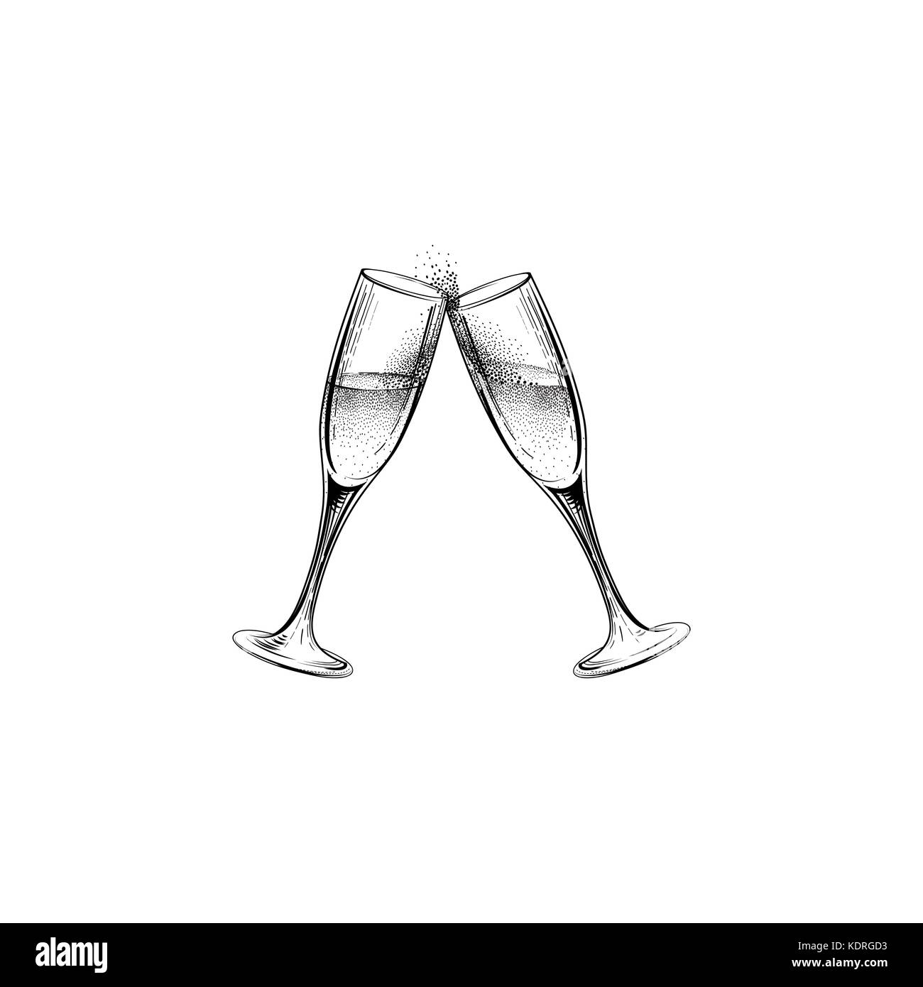 Trinken Champagner unterzeichnen. Weihnachtsfeier Symbol mit klirrenden Weingläser. Hand gezeichnet Holiday Card Design Stock Vektor