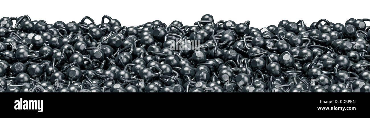 Kettlebell haufen Panorama/3d-Darstellung von Hunderten von schweren Kettlebells Stockfoto