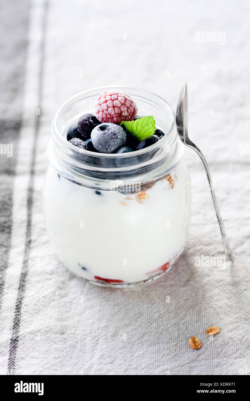 Griechischer Joghurt Parfait mit Müsli, Heidelbeeren und Himbeeren in einem jar. Detailansicht. gesunde Ernährung, Diät, Low Carb Diät Konzept Stockfoto