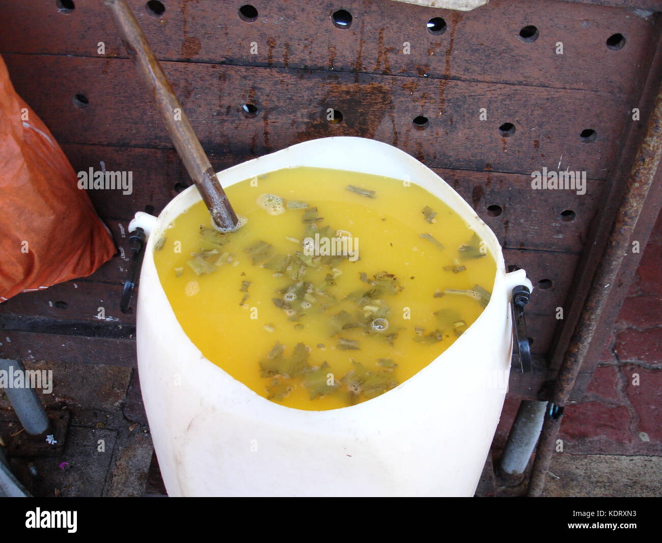 Ver-o-Peso Markt, große und rustikale weißem Kunststoff Behälter mit tucupi Stockfoto