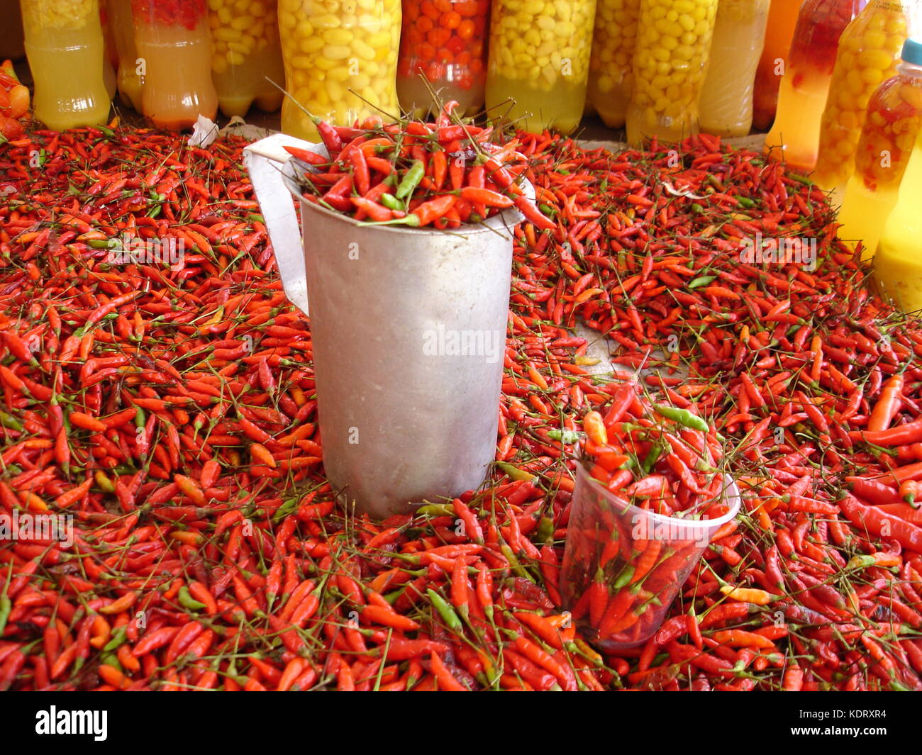 Ver-o-Peso Markt, rote Chilischoten mit Flaschen gewürzt tucupi auf dem Hintergrund Stockfoto