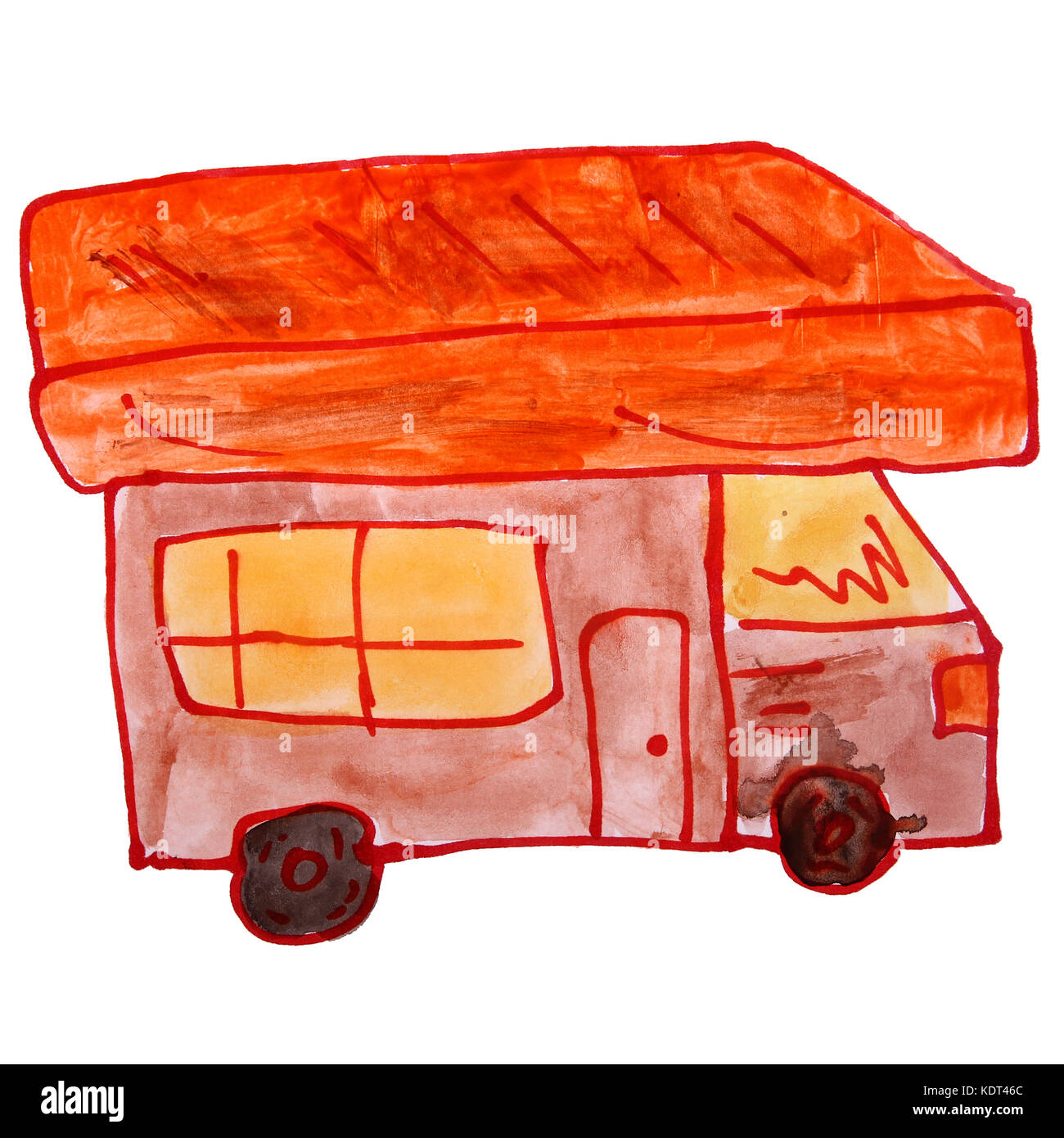Zeichnung cartoon Kinder aquarell Reisemobil auf weißem Hintergrund Stockfoto