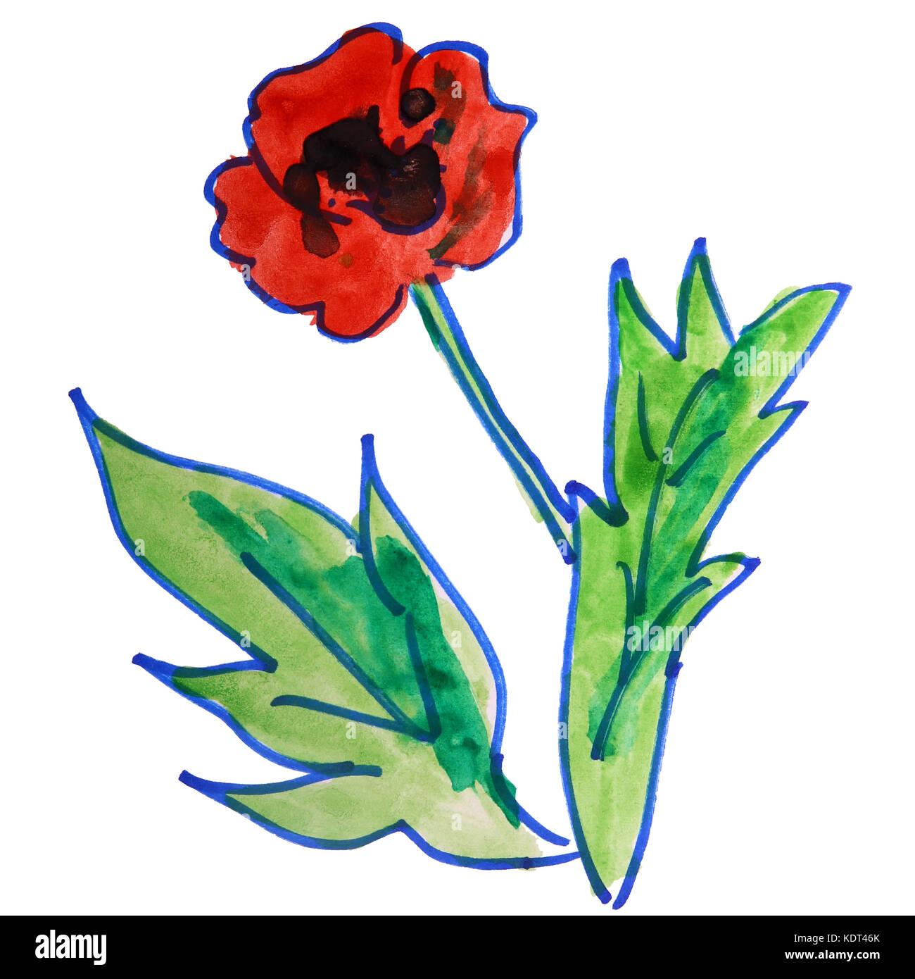 Zeichnung cartoon Kinder aquarell Mohnblumen auf einem weißen Hintergrund Stockfoto