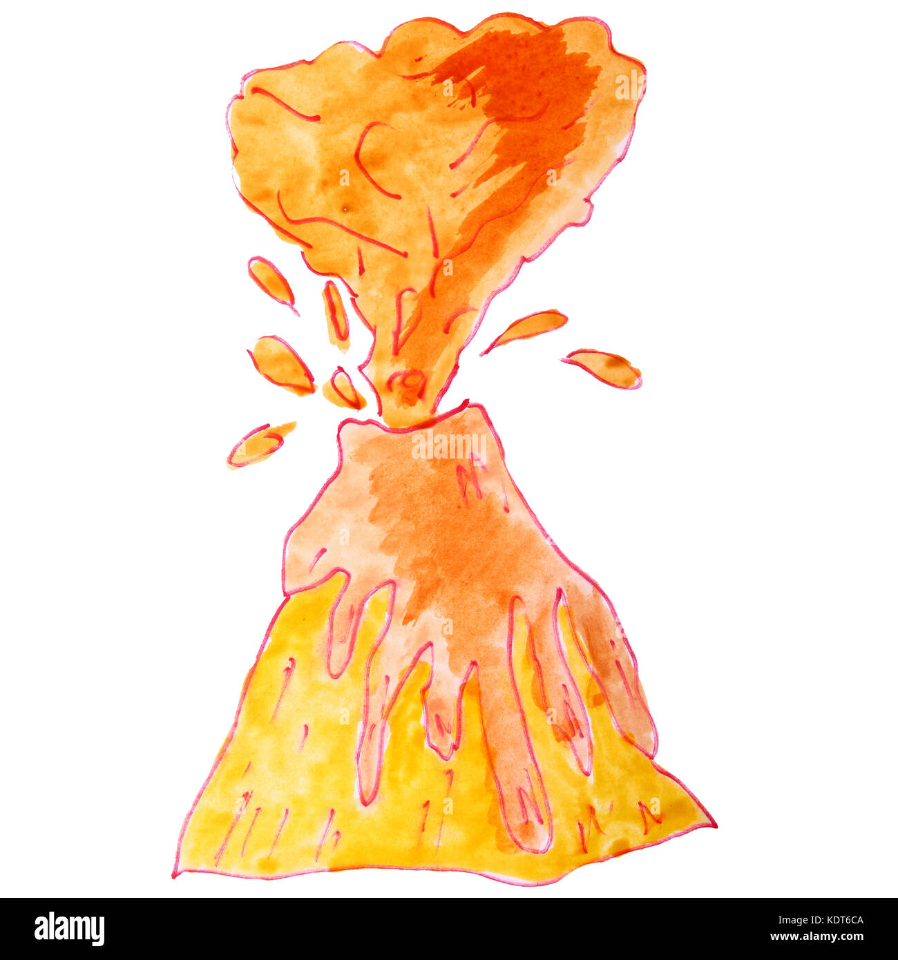 Aquarell Zeichnung ein kinder cartoon Vulkan auf einem weißen backgro Stockfoto