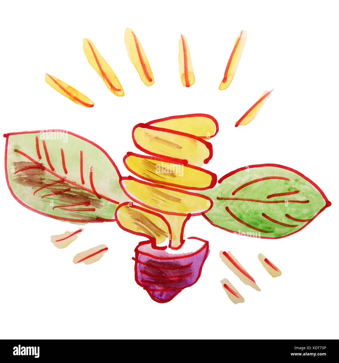 Aquarell energiesparende Glühlampe Blatt Natur Zeichnung Cartoon Stockfoto