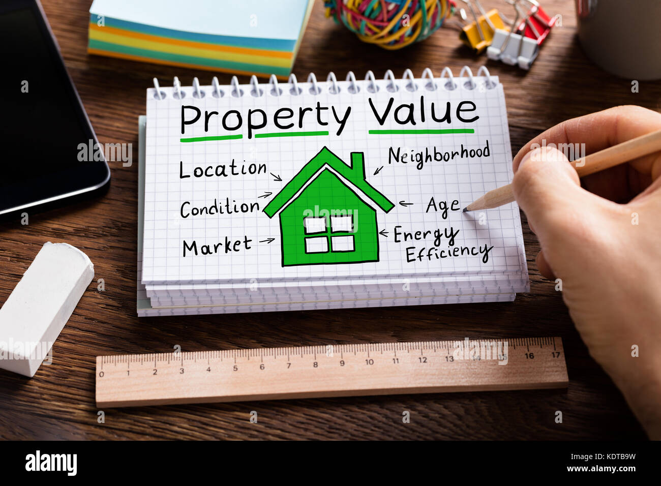 Person Arbeitet An Einem Wertkonzept Für Immobilien Auf Einem Notizblatt Am Holzschreibtisch Stockfoto
