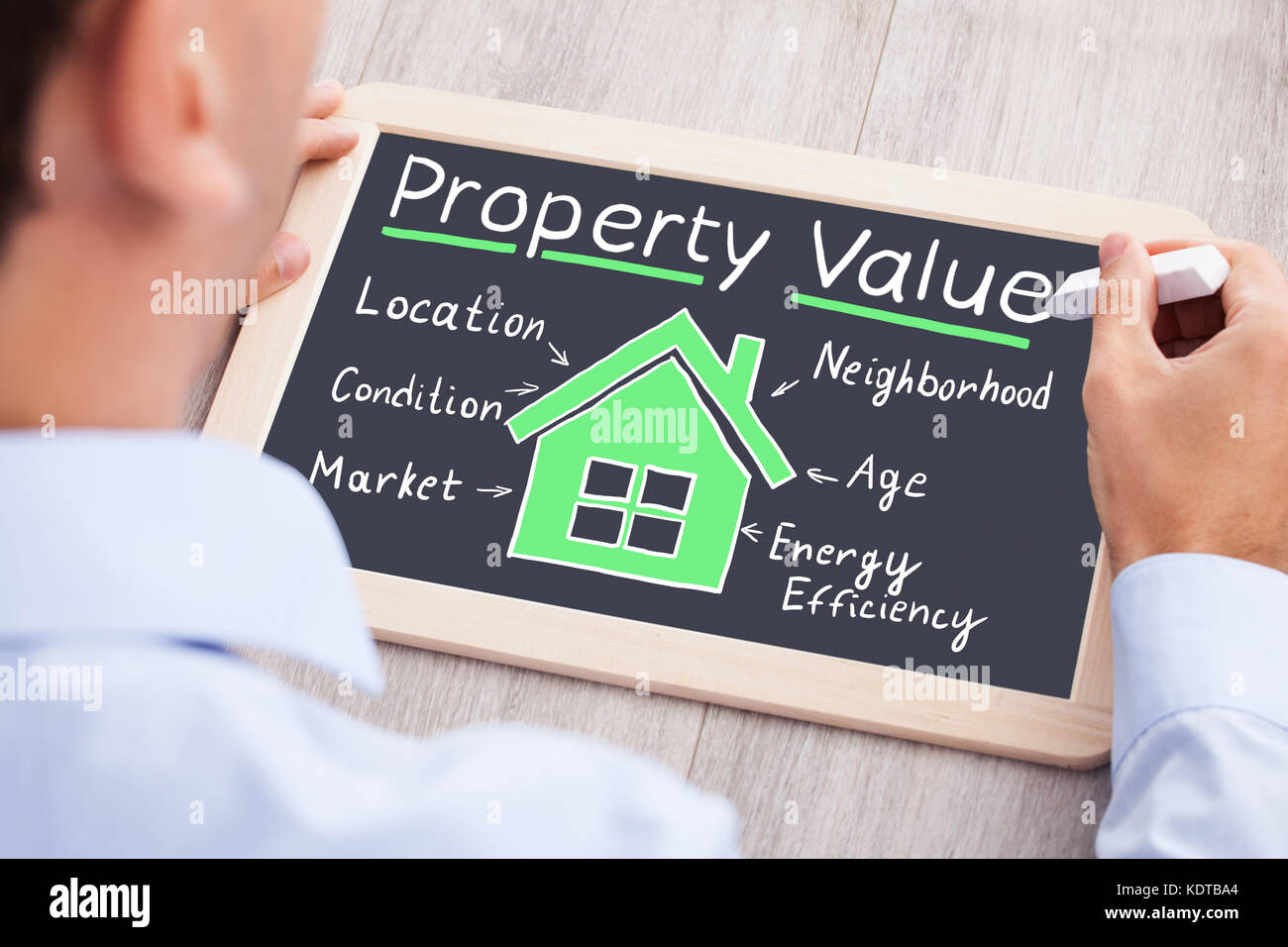 Hohe Betrachtungswinkel des Geschäftsmanns, der auf der Schiefertafel zeichnen das Konzept der Eigenschaft Wert Stockfoto