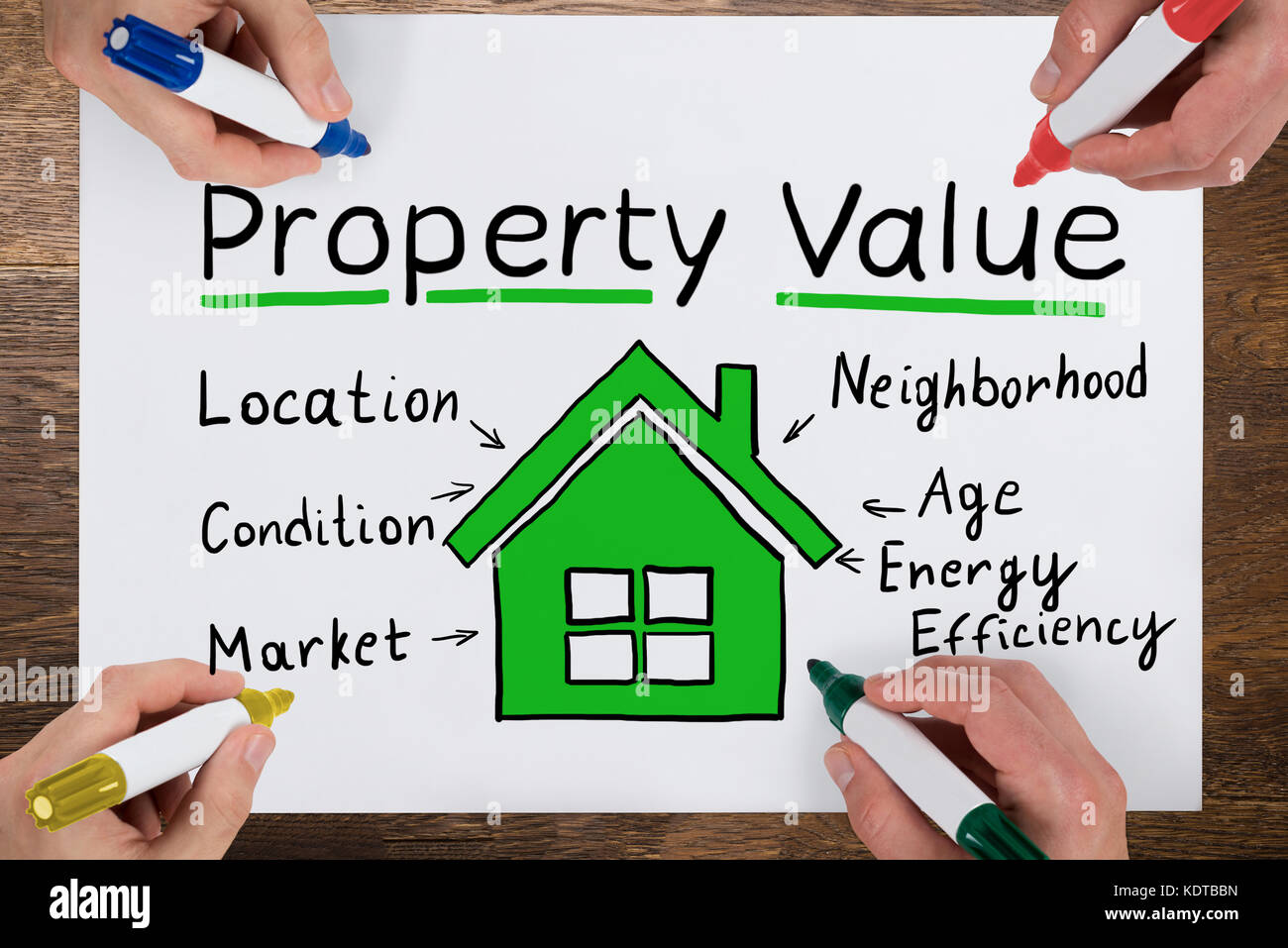 Hohe Betrachtungswinkel eines Geschäftsleute Arbeiten am Objekt Wert Stockfoto