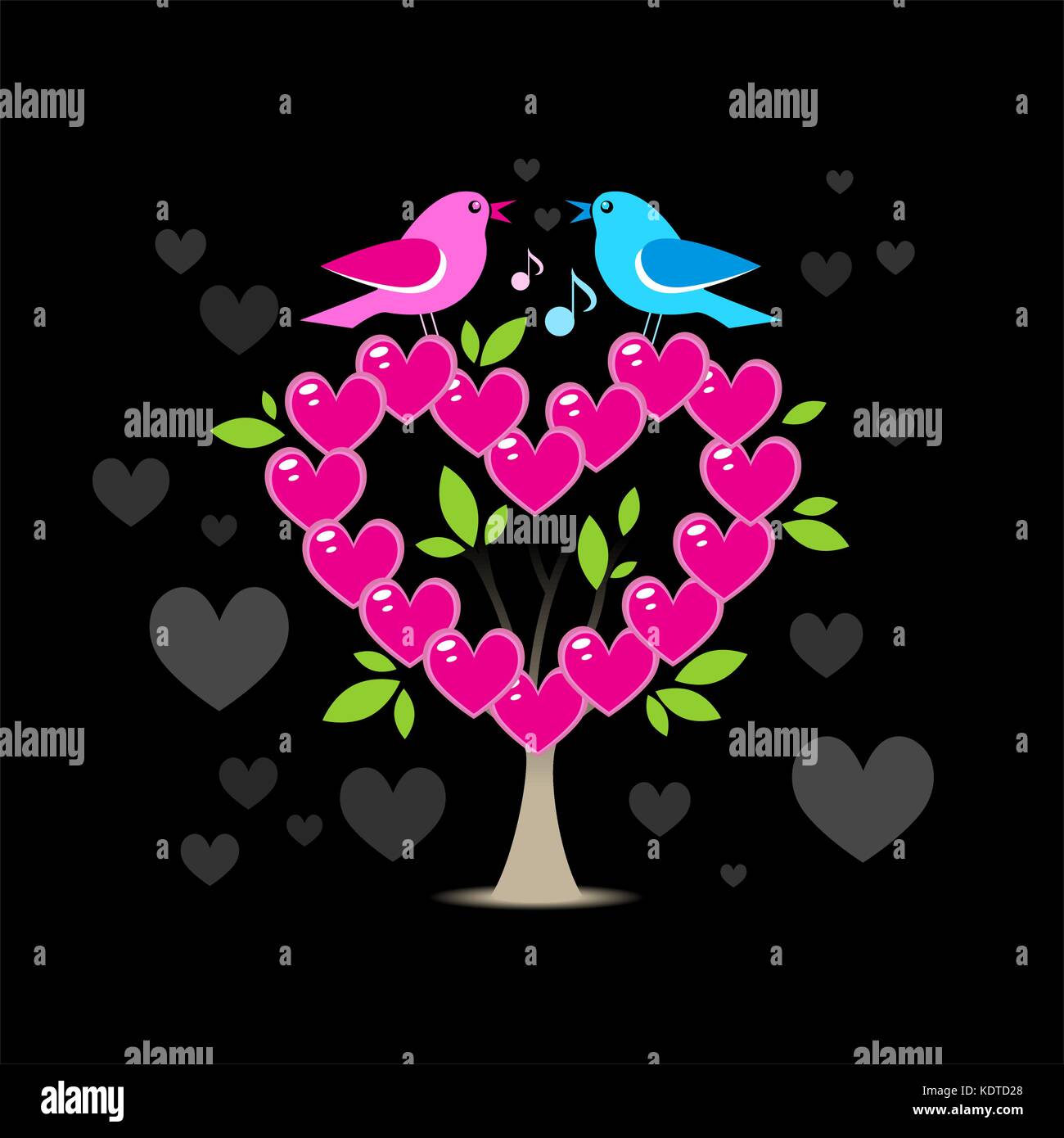 Liebe Baum mit zwei Vögel auf schwarzem Hintergrund Stock Vektor