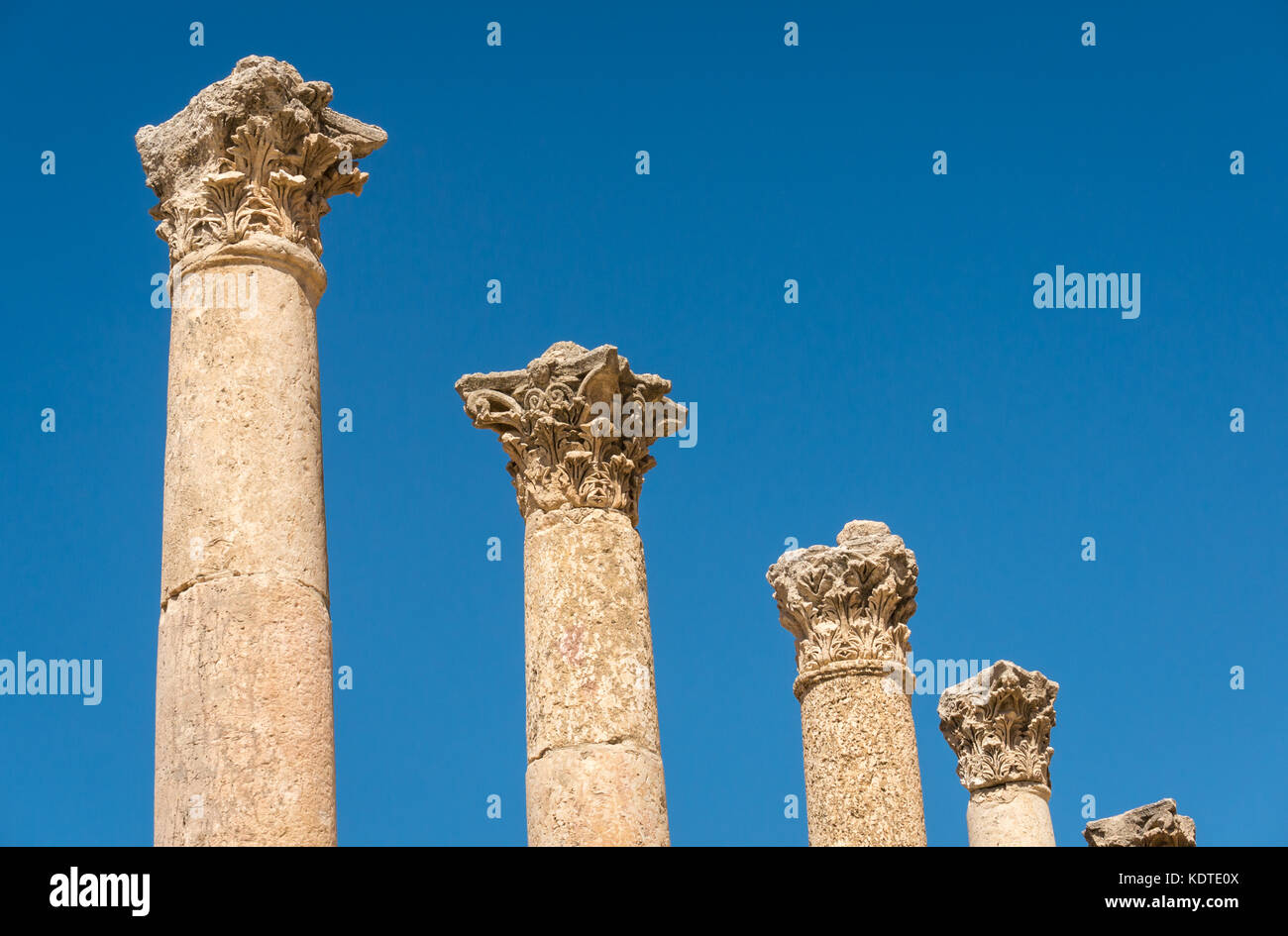 Korinthische Säulen mit akanthus leaf Dekoration, römische Stadt Jerash, das antike Gerasa, archäologische Stätte in Jordanien, Naher Osten Stockfoto