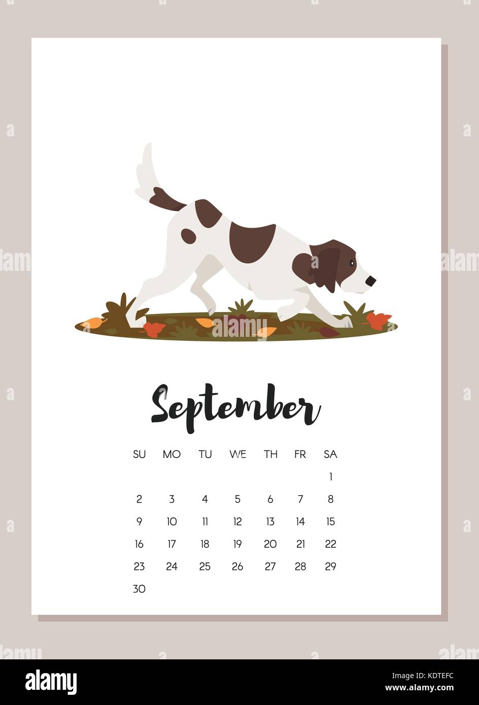 Vektor Cartoon Stil Abbildung: September Jagdhund 2018 Jahr Kalender Seite. auf weißem Hintergrund. Vorlage für Drucken. Stock Vektor