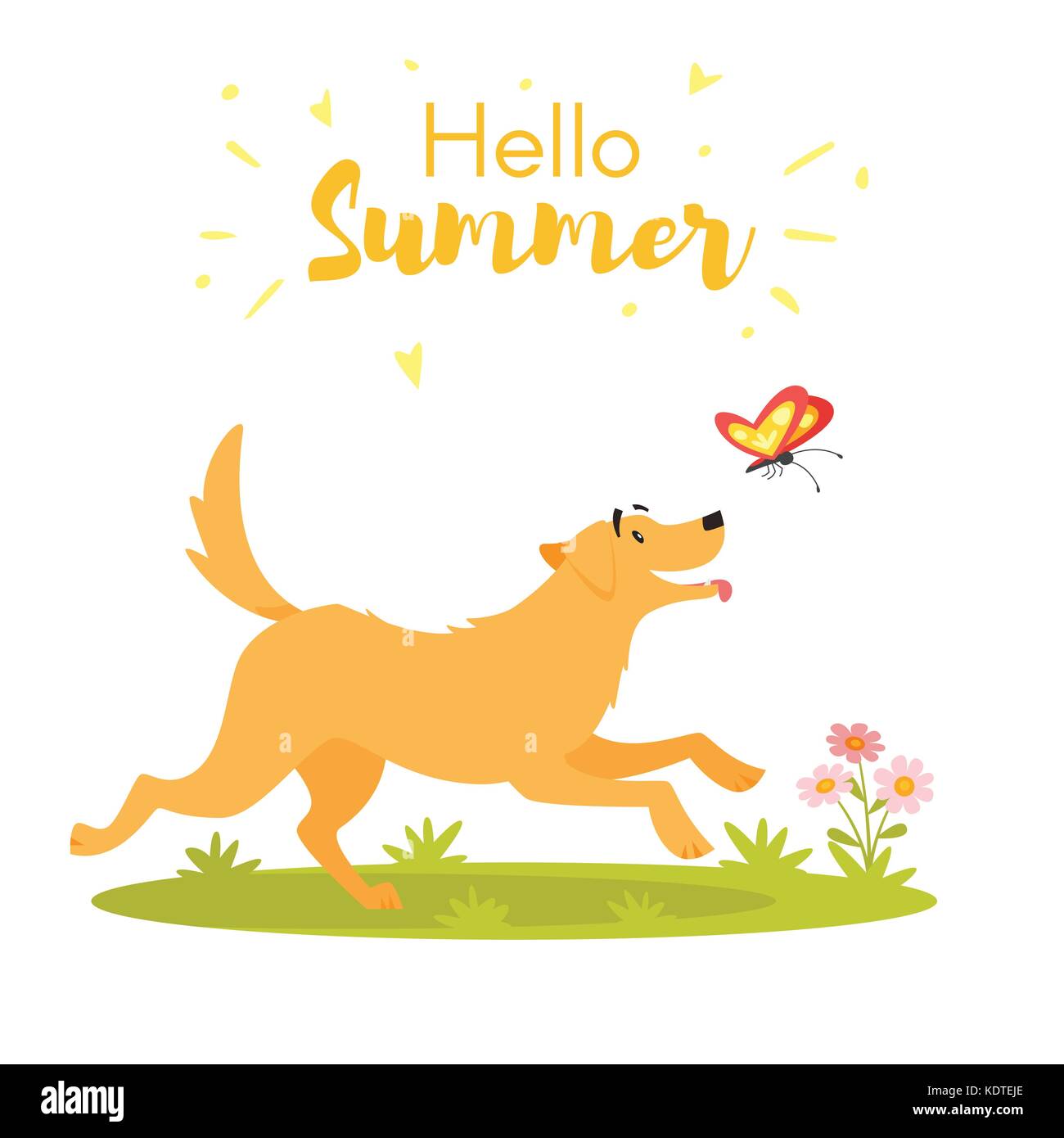 Vektor Cartoon Stil Abbildung: Hund mit Schmetterling. auf weißem Hintergrund. Vorlage für Drucken. Titel: 'Hallo Sommer'. Stock Vektor
