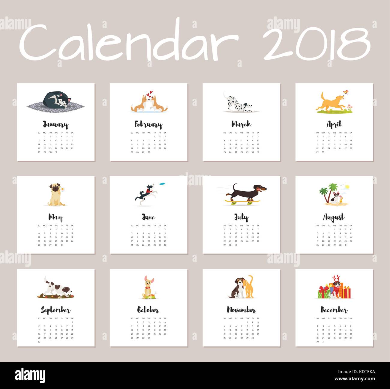 Vektor Cartoon Stil Abbildung: Hund 2018 Kalender. auf weißem