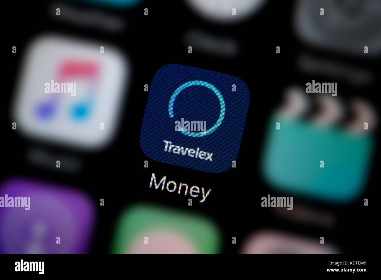 Eine Nahaufnahme der Logo für die Travelex Geld app Symbol, wie auf dem Bildschirm eines Smartphones (nur redaktionelle Nutzung) Stockfoto