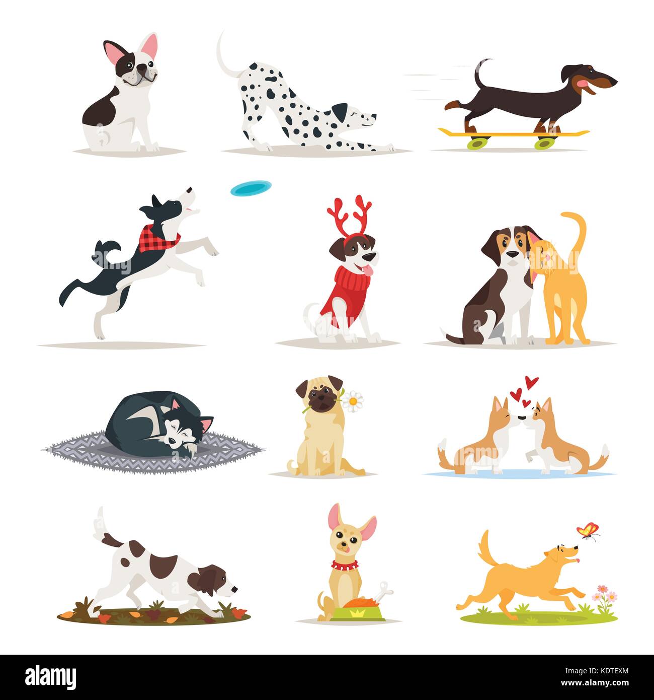 Vektor cartoon style Set verschiedener Hunderassen. Hunde sitzen, essen und Laufen. Stock Vektor
