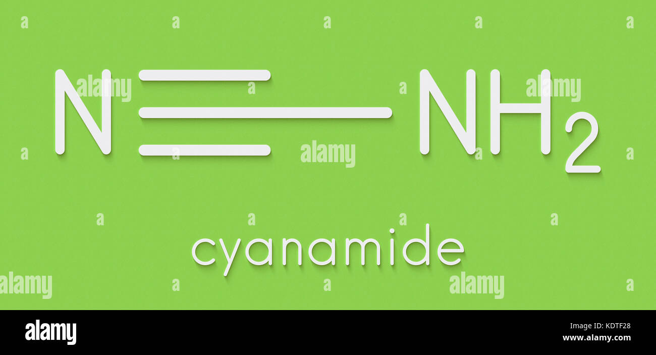 Cyanamid Molekül. in der Landwirtschaft und der chemischen Synthese verwendet. Skelettmuskulatur Formel. Stockfoto