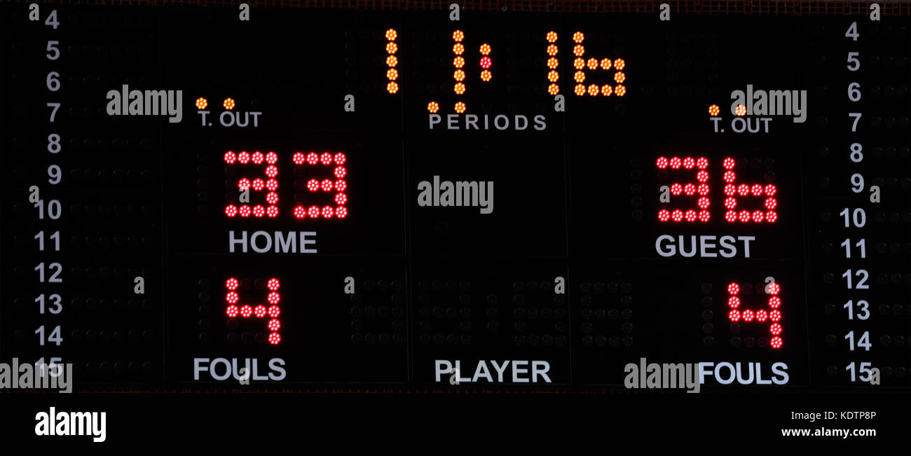 Basketball Anzeigetafel mit hellen Ziffern. Sport Statistiken: Time out, Score, Zeit, Dauer, Fouls. Stockfoto