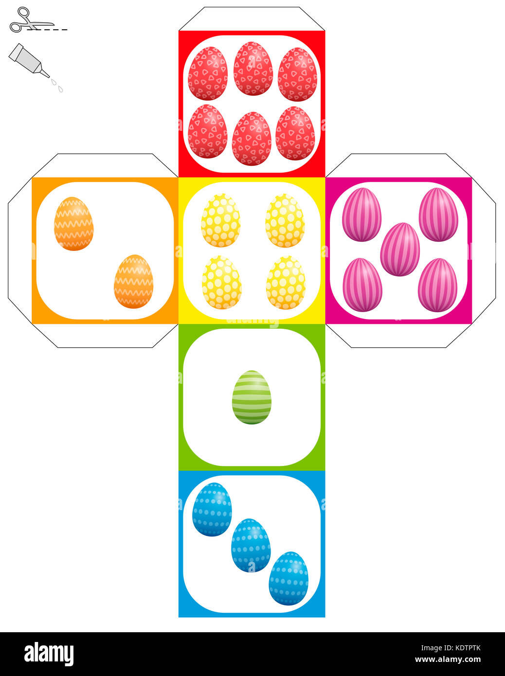 Easter egg Würfel Vorlage - Es tun sich Modell eines Würfels mit farbigen und Ostereier statt Würfel Augen gemustert. Stockfoto