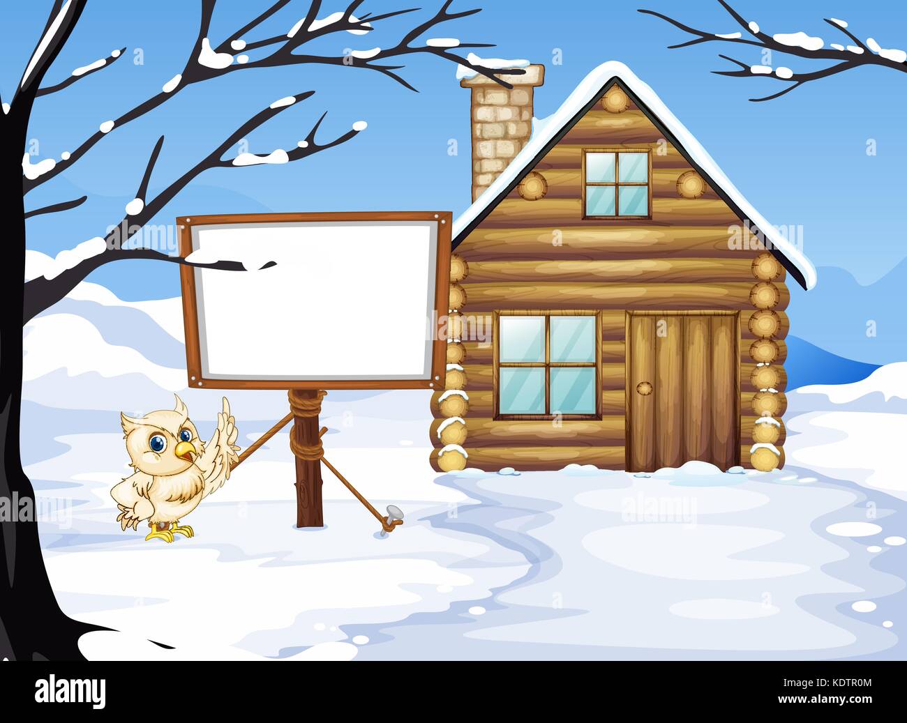 Eule und Hütte im Schnee Abbildung Stock Vektor