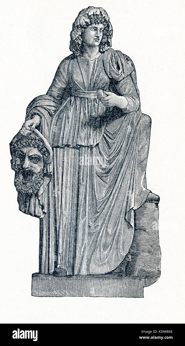 Diese Abbildung stammt aus dem Jahr 1898 und zeigt die Statue von melpomene im Vatikan Museum. Melpomene war als die Muse der Tragödie geehrt. In der griechischen und römischen Mythologie, die Musen waren neun Töchter des Zeus und der Mnemosyne (Göttin der Erinnerung). Es wurden geehrt als Förderer der Künste und der Wissenschaften. Calliope war der Kopf Muse, und Apollo, der Gott der Weissagung und Song, war ihr Anführer. Stockfoto