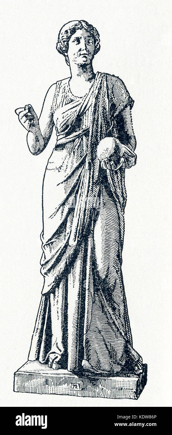 Diese illsutration einer Statue von Urania Termine bis 1898. Die Statue ist in einem Berliner Museum. Urania war die Muse der Astronomie. In der griechischen und römischen Mythologie, die Musen waren neun Töchter des Zeus und der Mnemosyne (Göttin der Erinnerung). Es wurden geehrt als Förderer der Künste und der Wissenschaften. Calliope war der Kopf Muse, und Apollo, der Gott der Weissagung und Song, war ihr Anführer. Stockfoto