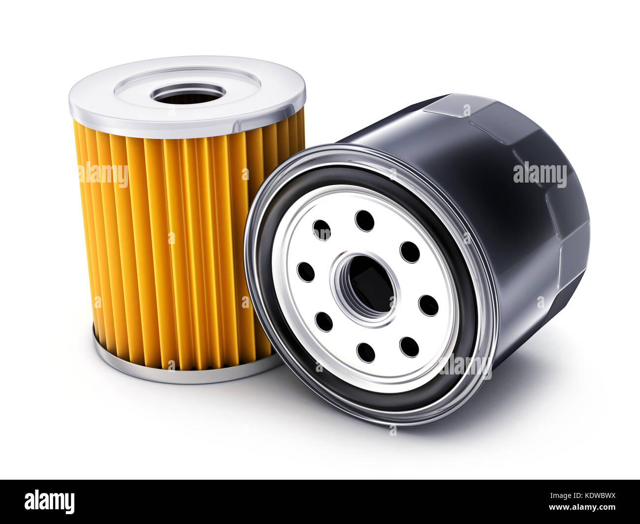 Zwei auto Ölfilter auf weißem Hintergrund. 3D-Darstellung Stockfoto