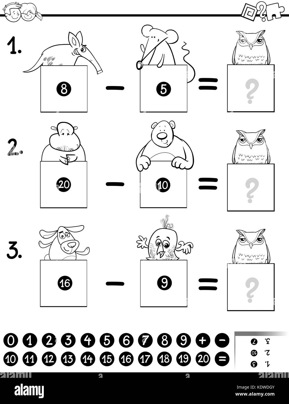 Schwarze und weiße Cartoon Illustration der pädagogischen mathematische Subtraktion puzzle Spiel für Kinder mit tierischen Zeichen buch Färbung Stock Vektor