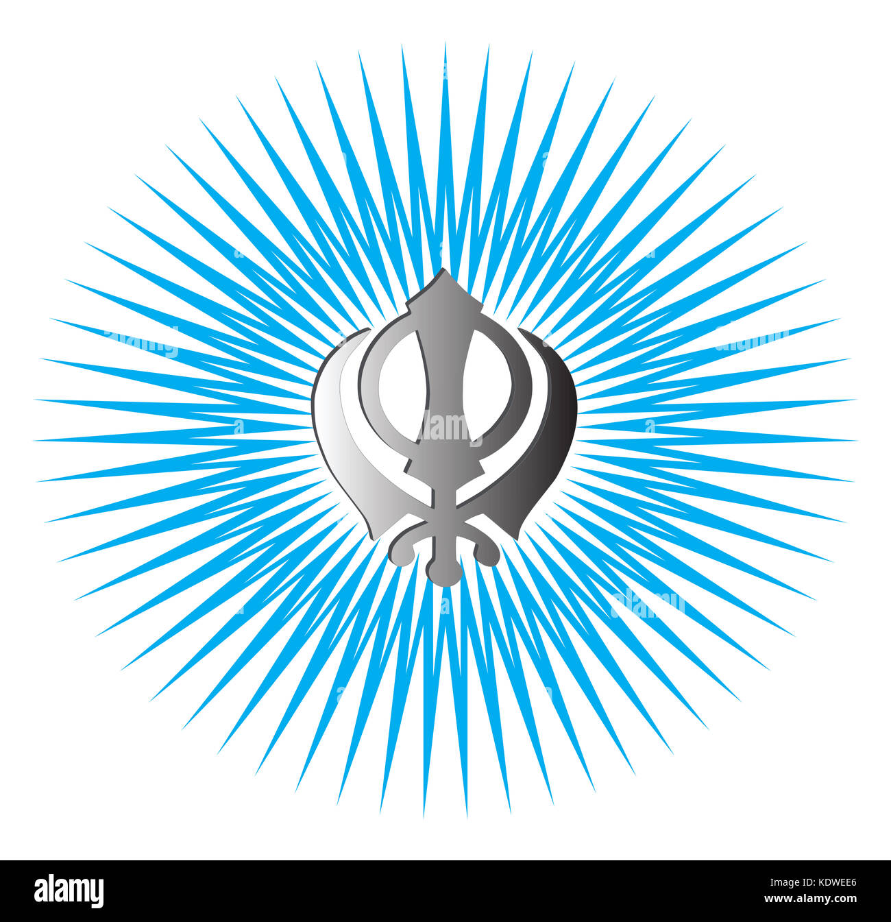 Das wichtigste Symbol der Khanda Sikhismus - Schild aus weißem Metall. Farbverlauf blau Strahlen, Abbildung Stockfoto