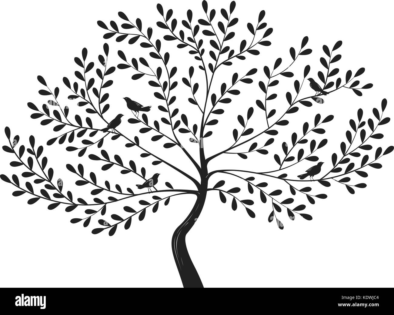 Dekorativer Baum mit Vögeln auf Ästen. Silhouettenvektor-Illustration Stock Vektor