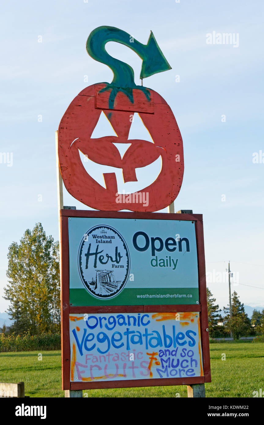 Schild am Eingang der Westham Island Herb Farm in South Delta, British Columbia, Kanada Stockfoto