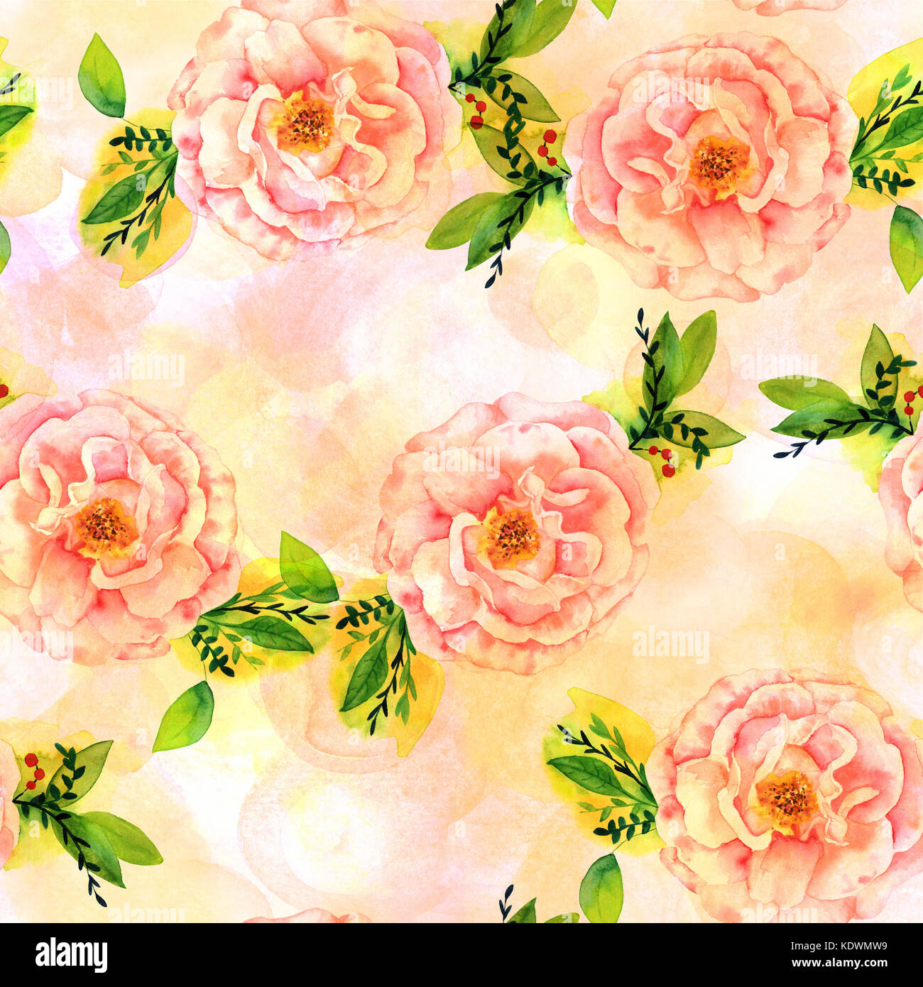 Eine nahtlose Muster mit einem Aquarell Zeichnung eines blühenden rosa Rose mit grünen Zweigen und Blättern, in Pastellfarben Pinselstriche, verblasst und getönten Stockfoto