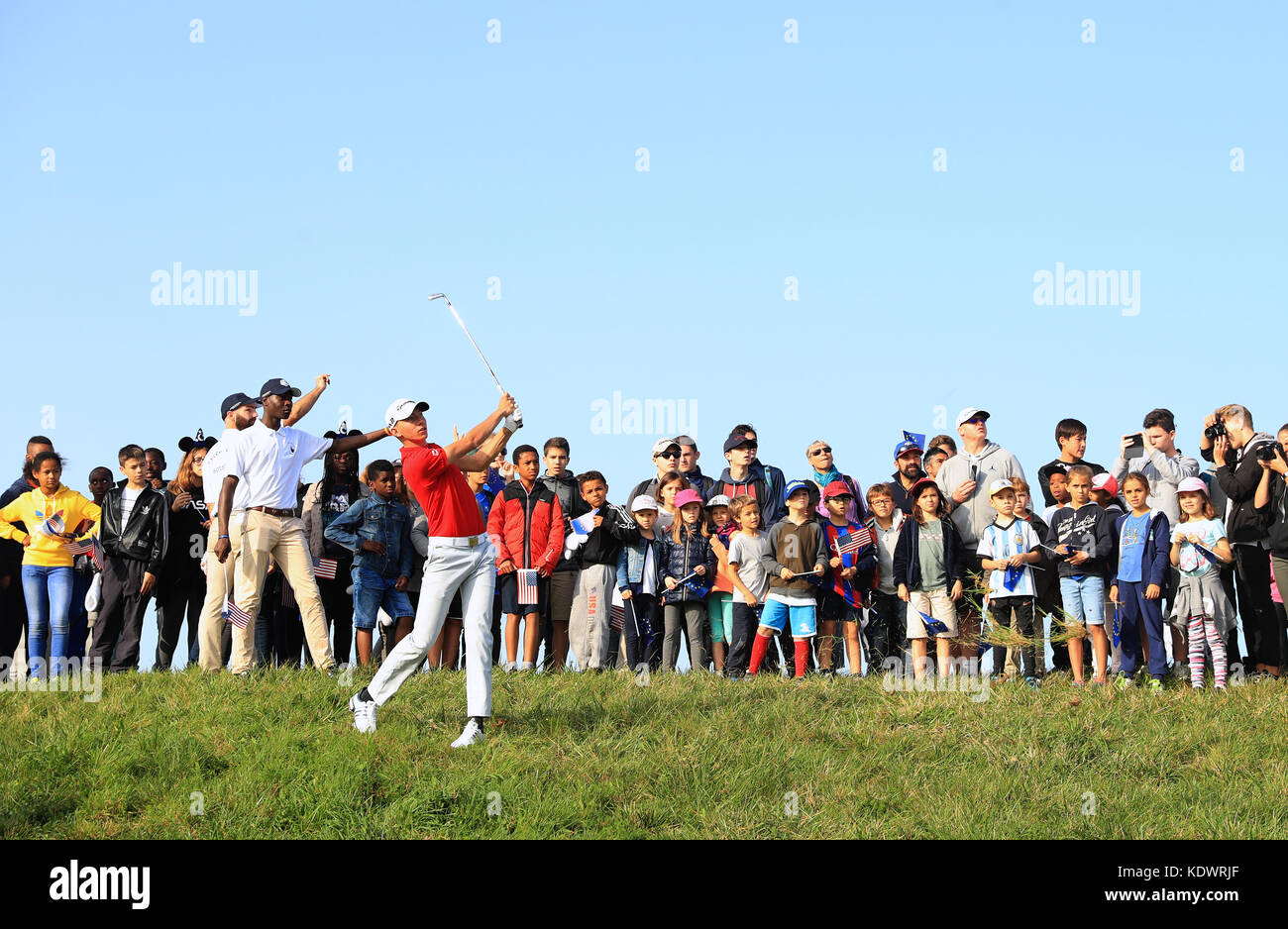 Mitglied des amerikanischen Junior Ryder Cup Teams bei einem Medienevent vor dem Ryder Cup 2018 im Le Golf National, Paris. Stockfoto