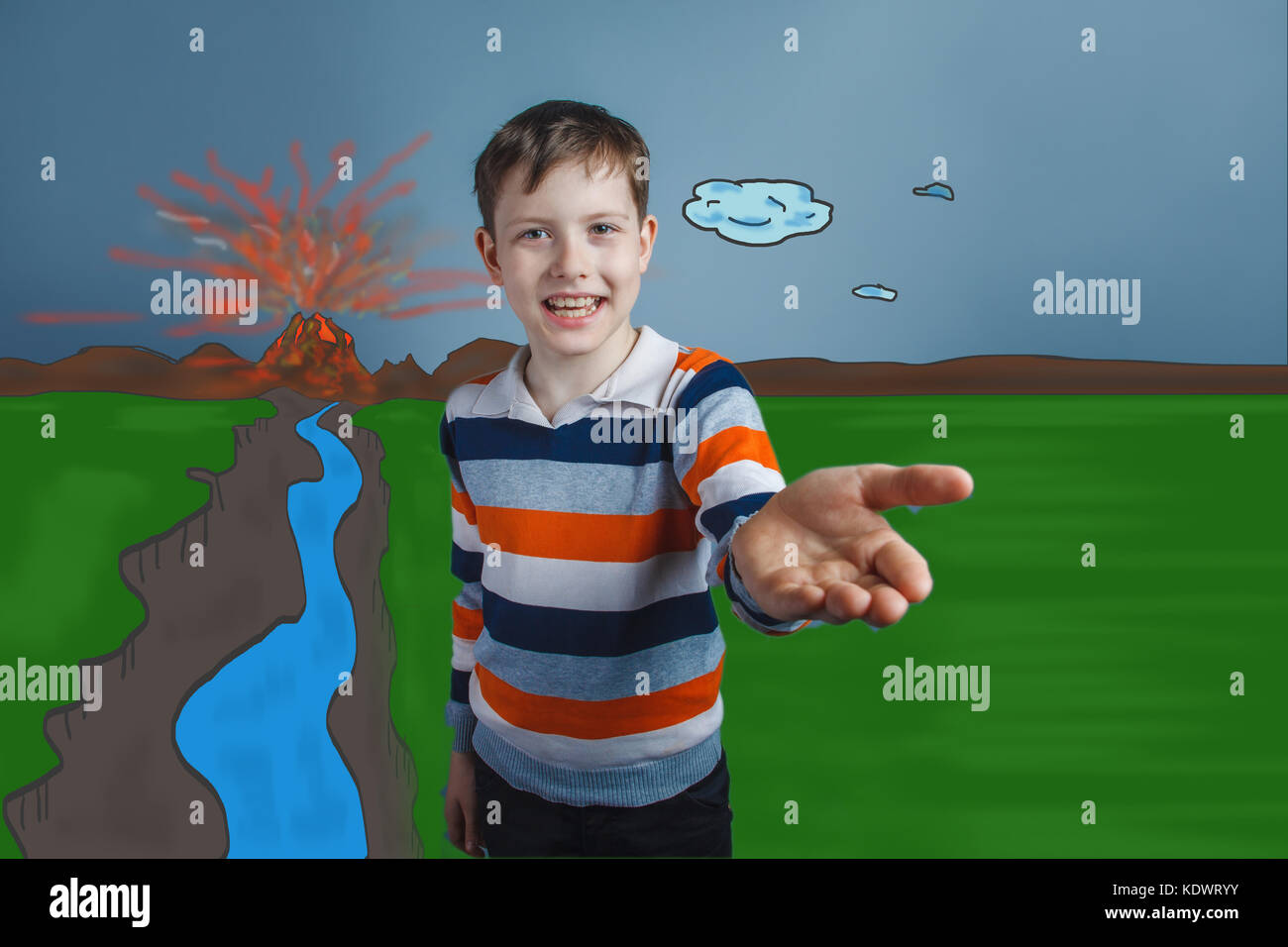 Heranwachsende Junge lächelt und hält seine Hand ein Zeichen der friendlin Stockfoto