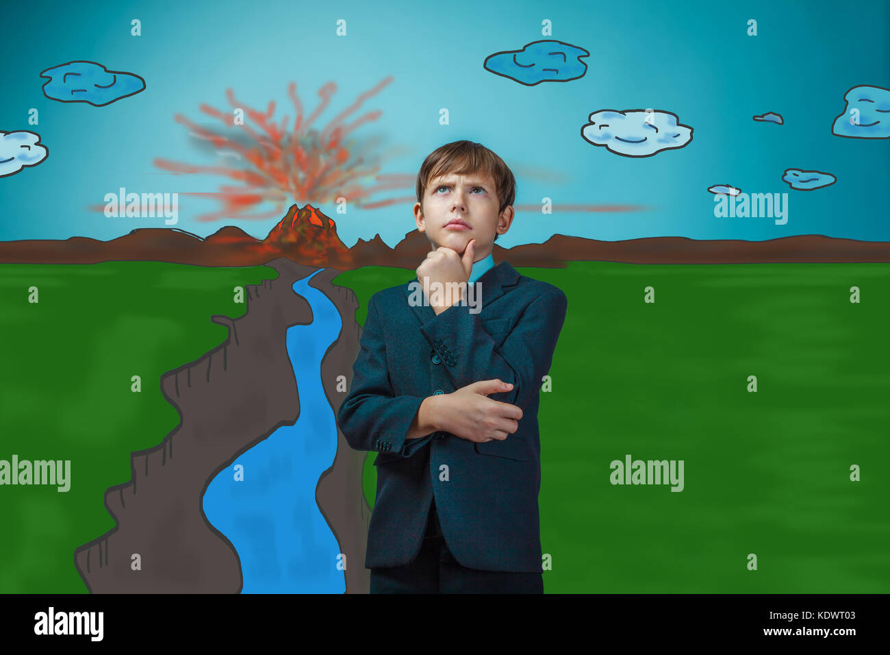 Junge business Stil des Denkens hält sein Kinn denkt Ausbruch des Stockfoto