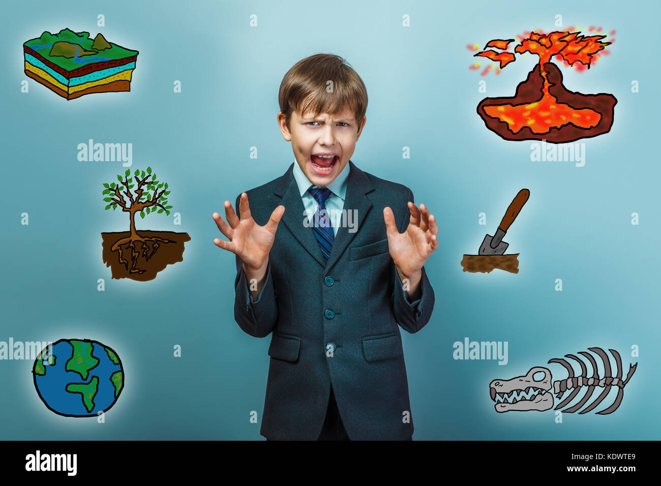 Jugendlich junge schreiend Geschäftsmann hob seine Hände Geologie Wissenschaft Stockfoto