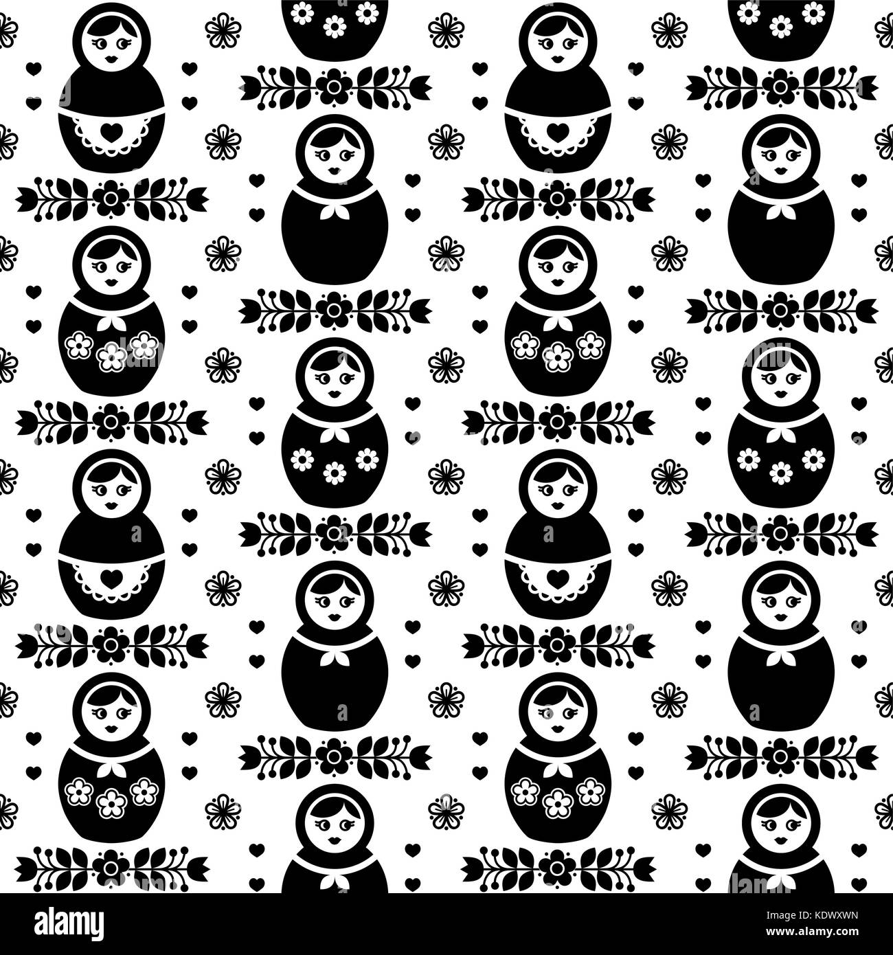 Russische Puppe Vektor nahtlose Muster - matrjoschka, folk art Design in Schwarz und Weiß Stock Vektor