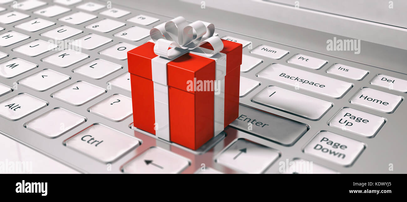 Geschenke kaufen online. Tastatur und roter Geschenkbox closeup. e-commerce an Feiertagen Konzept. 3D-Darstellung Stockfoto
