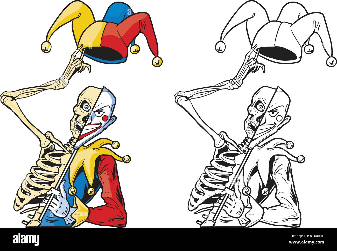 Vektor cartoon Clipart Illustration einer beängstigend Hälfte Skelett Hälfte Joker oder hofnarr oder Harlequin tipping seinen Hut mit Glocken und halten eine Maske auf einem Sti Stock Vektor