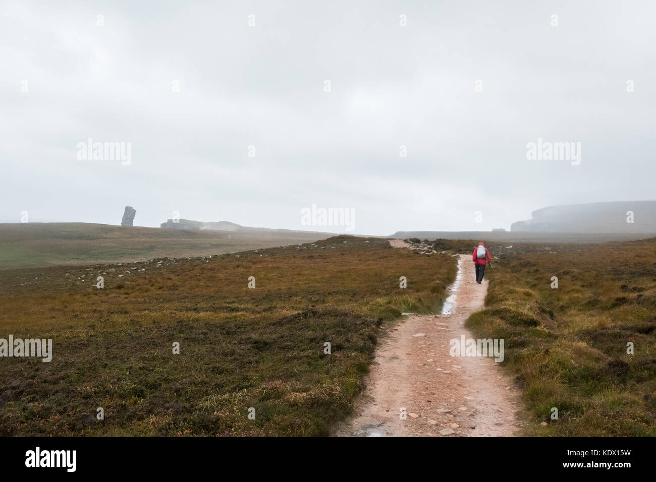 Walker am Fußweg zur Alten Mann von Hoy (sichtbar nach oben am Horizont) auf einer trostlosen regnerischen Tag, Hoy, Orkney Inseln, Schottland, Großbritannien Stockfoto