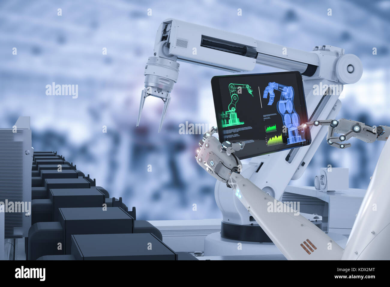 3D-Rendering cyborg Steuerung Roboter in der autofabrik Stockfoto