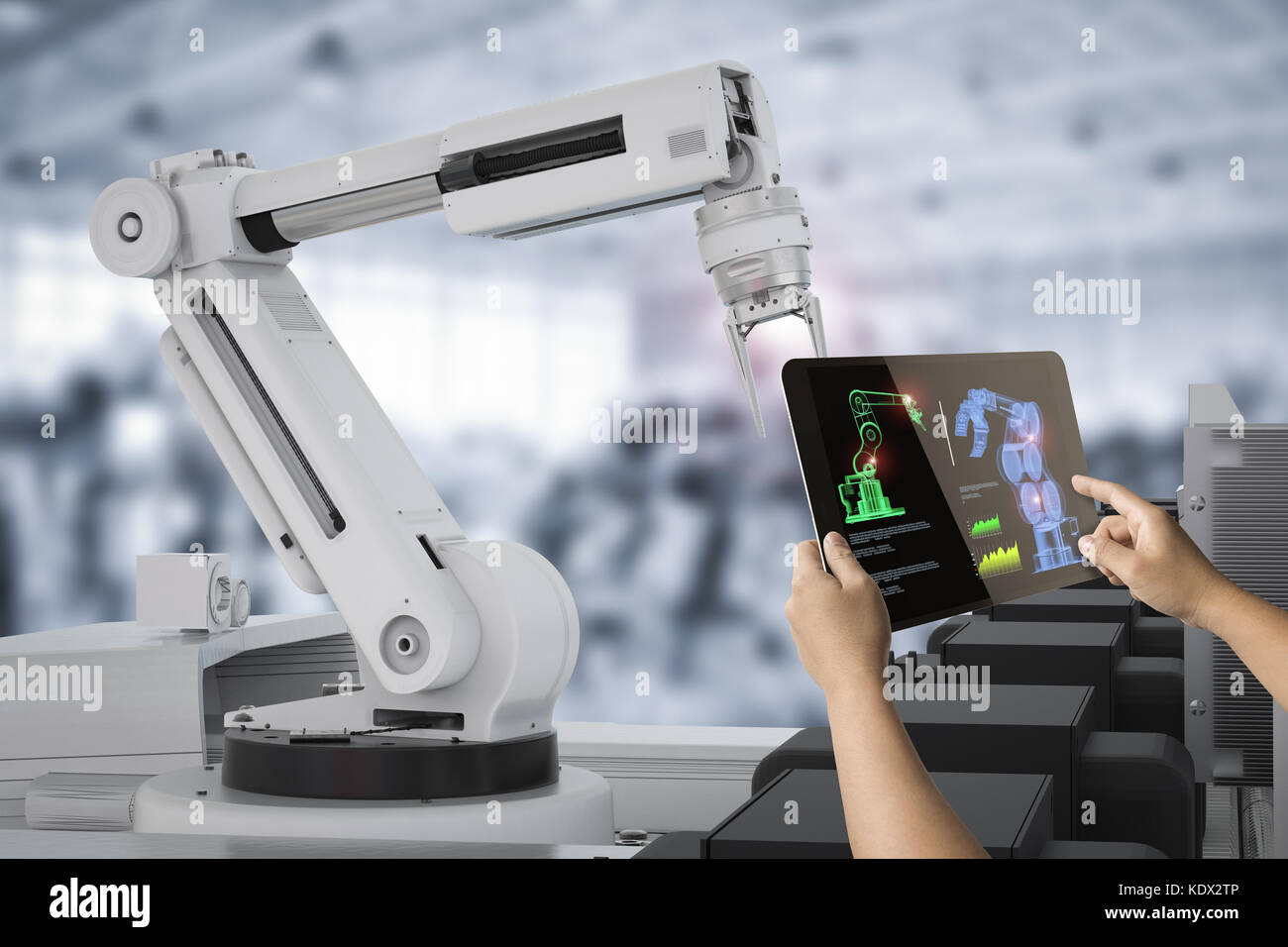 Menschliche Kontrolle 3d rendering Lager Roboter in der Fabrik arbeiten Stockfoto