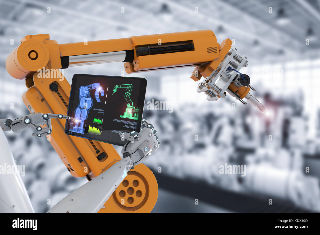 3D-Rendering cyborg Steuerung Roboter in der autofabrik Stockfoto