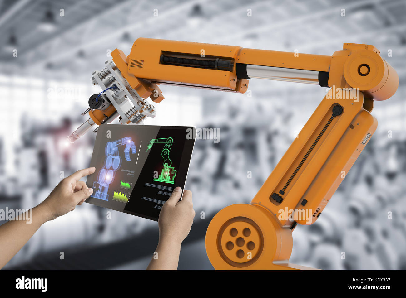 Menschliche Kontrolle 3d rendering Lager Roboter in der Fabrik arbeiten Stockfoto
